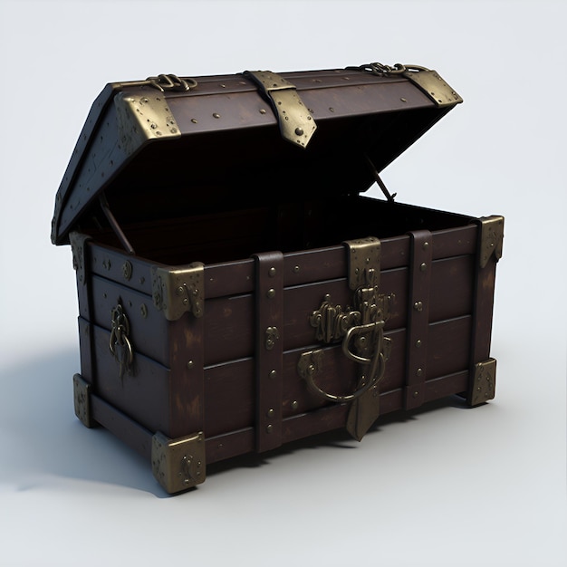Un cofre del tesoro marrón con activos de metal.