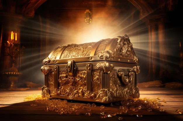 Un cofre del tesoro misterioso que brilla en oro