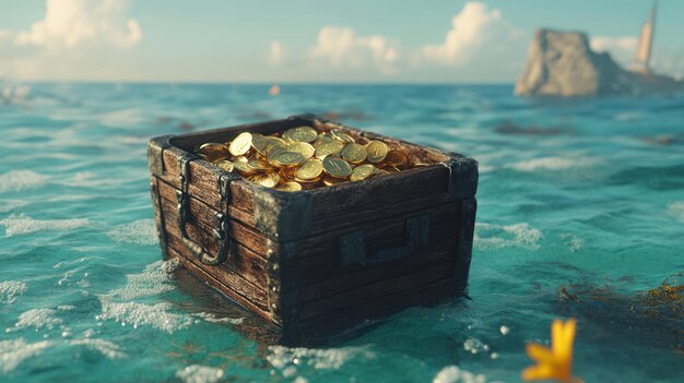 El cofre del tesoro, las monedas de oro, las olas de las islas del océano.