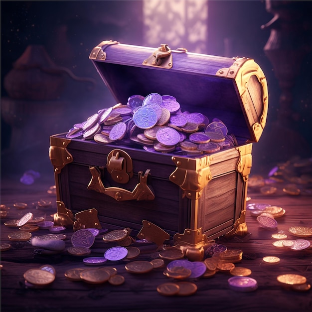 Un cofre del tesoro morado con monedas de oro y un purpurina.