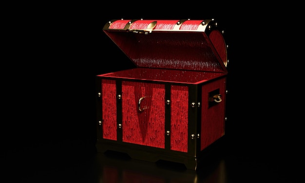 Cofre del tesoro o caja del tesoro retro hecha con madera pintada de rojo y metal dorado colocada en suelo y fondo negro Renderización 3D