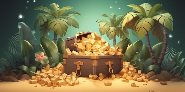 Un cofre del tesoro de oro se encuentra en una isla tropical con palmeras en el fondo.