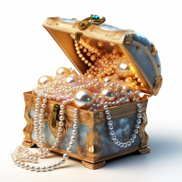 Un cofre del tesoro de perlas 3D brillante sobre un fondo aislado blanco
