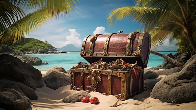 El cofre del tesoro pirata en una isla desierta