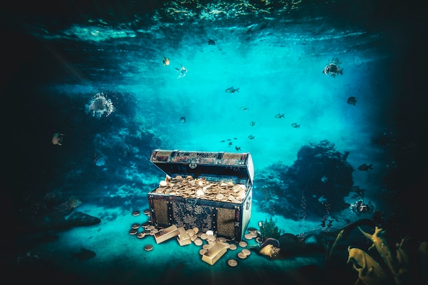 Cofre del tesoro que contiene lingotes de oro y monedas en el fondo del mar.