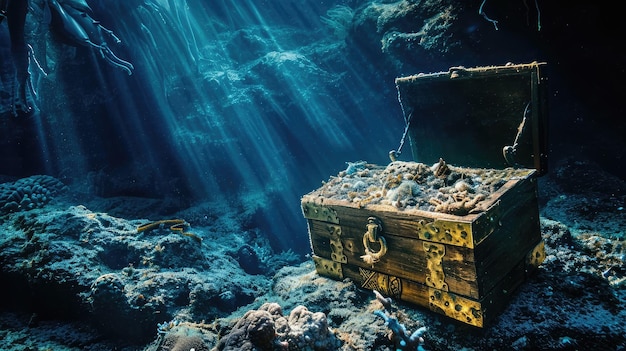 Un cofre de tesoros abierto hundido en el fondo del mar. Imagen de alto contraste.