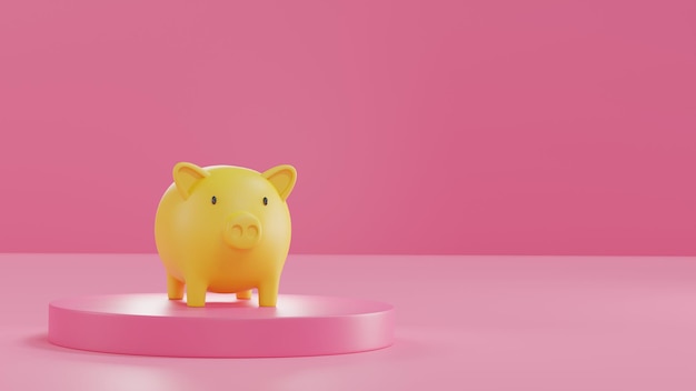 Cofrinho amarelo no pódio rosa no fundo rosa 3D renderizar o conceito de dinheiro de poupança Fundo rosa