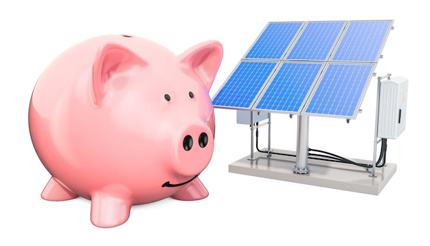 Cofrinho com painel solar economizando o conceito de consumo de energia renderização em 3D