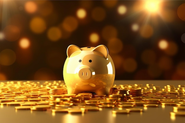 Cofrinho de ouro com pilhas de moedas de ouro financiam a ilustração 3D do fundo do conceito de investimento de poupança