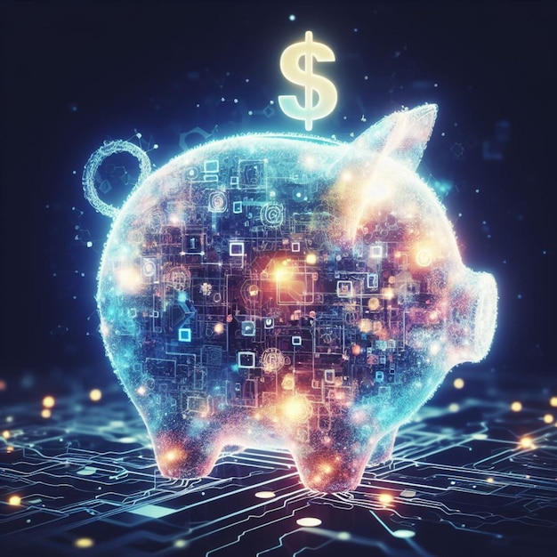 Foto cofrinho digital virtual neural brilhante para moeda digital criptografada e conceito de dinheiro digital cbdc