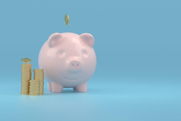 Cofrinho rosa e moedas de ouro empilhadas sobre fundo azul com o conceito de economia de dinheiro. planejamento financeiro para o futuro. renderização 3d.