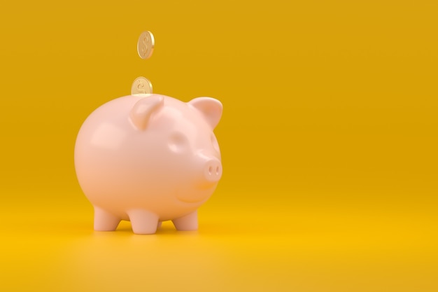 Cofrinho rosa para o lado com moedas caindo um fundo amarelo com espaço vazio para o texto. Conceito de economia de dinheiro. Renderização 3D.