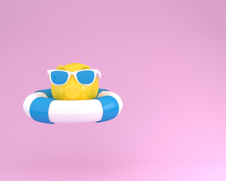 Foto cofrinhos com flutuador de piscina azul e óculos de sol