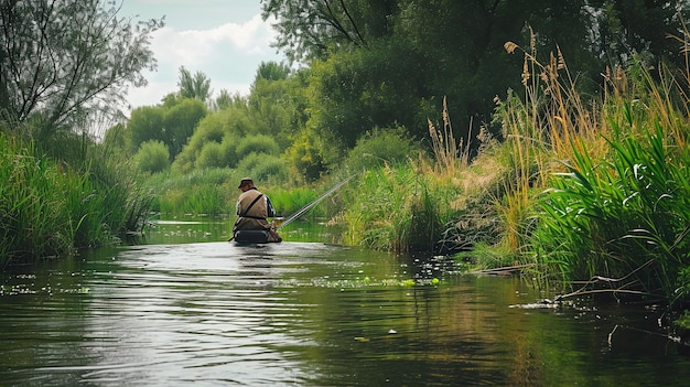 Coger pescado en el corf en el río en verano