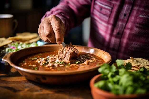 Foto cogiendo un bocado de pozole con las papas fritas de tortilla