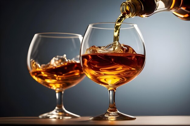 Cognac ou brandy é derramado em um copo no balcão do bar