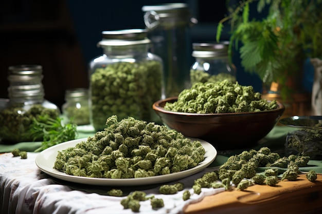 cogollos de cannabis verde seco en un plato generativo ai