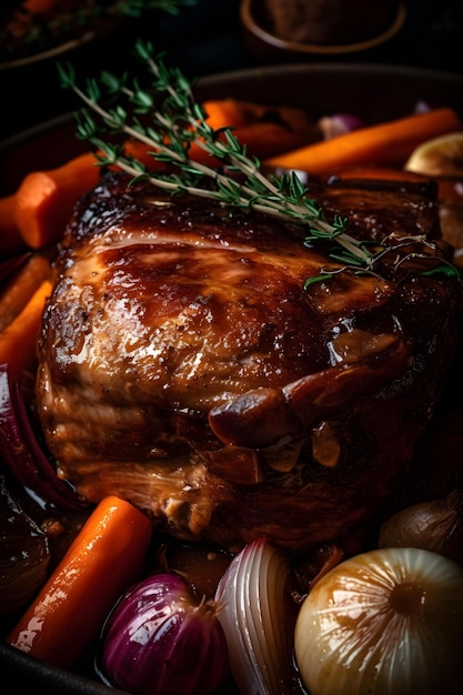 Cogote de cerdo entero asado guisado al vino con verduras