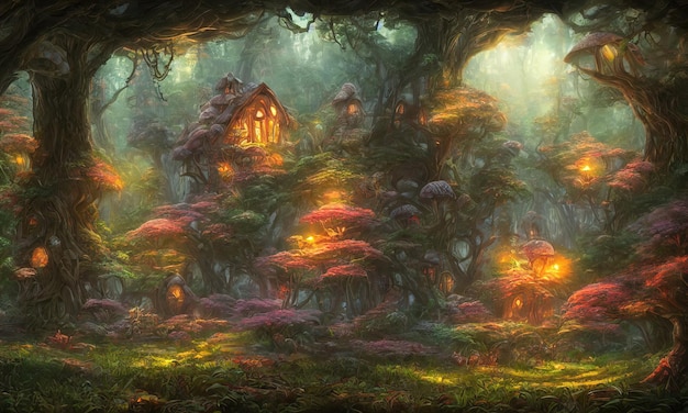 Cogumelo abriga uma fabulosa aldeia de floresta mágica de fadas Árvores de cogumelos iluminam as janelas Ilustração 3d fabulosa