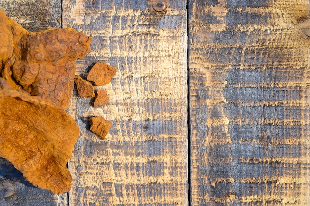 Cogumelo chaga de vidoeiro selvagem descascado em uma superfície de madeira