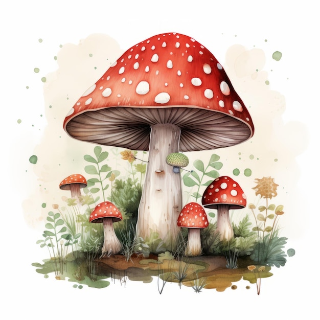 Cogumelo com agárico-mosca na floresta Ilustração em aquarela