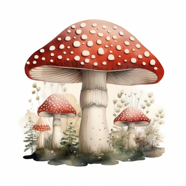 Cogumelo com agárico-mosca na floresta Ilustração em aquarela