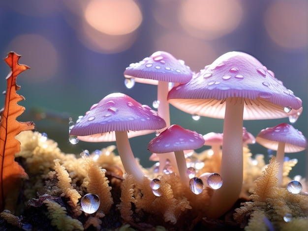 Foto cogumelo com gotas de chuva na floresta de outono