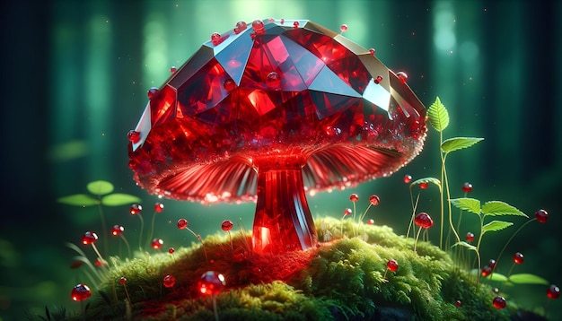 Cogumelo de cristal vermelho polido com reflexos de luz em floresta natural 4K Wallpaper