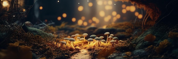Cogumelo de fantasia brilhante em IA generativa de floresta mágica de conto de fadas encantada