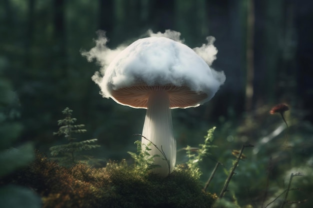 Cogumelo de fantasia com tampa nublada na floresta mágica escura Fungo enevoado branco na vegetação selvagem verde Gerar ai