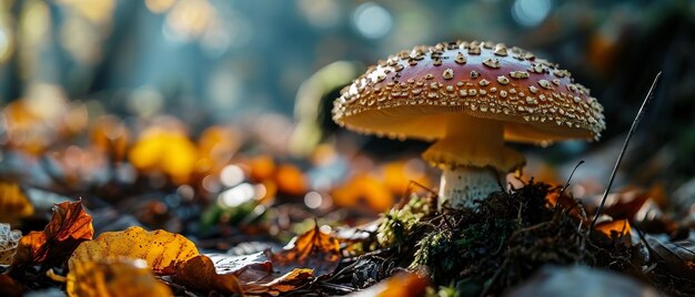 Cogumelo florestal em musgo iluminado pelo sol