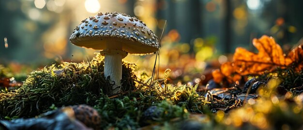 Cogumelo florestal em musgo iluminado pelo sol