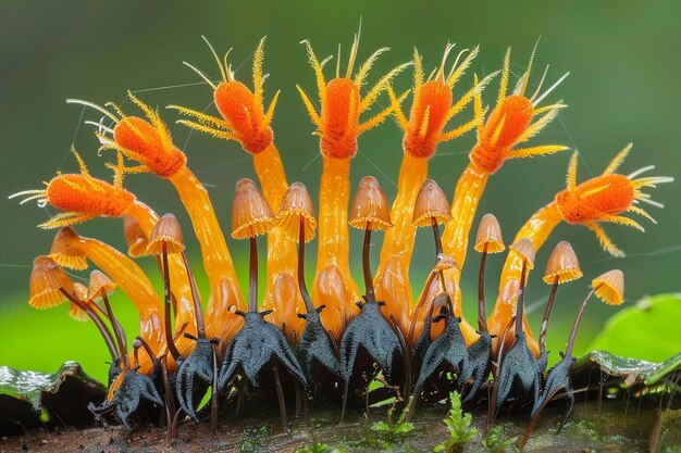 Foto cogumelo fresco de cordyceps militaris em um fundo natural com alternativo de névoa e umidade