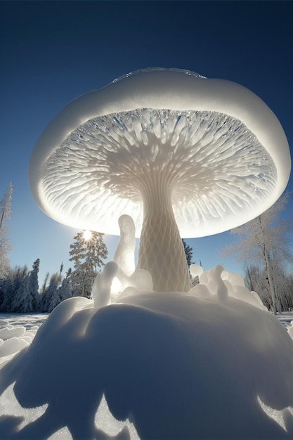 Cogumelo grande sentado em cima de um ai generativo coberto de neve