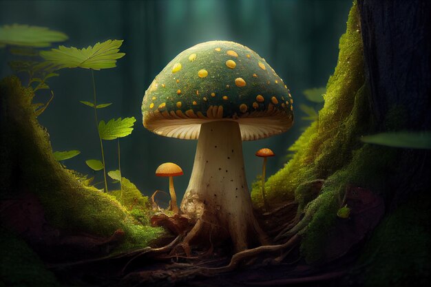 Cogumelo mágico crescendo em tronco de árvore cercado por vegetação criado com ai generativo