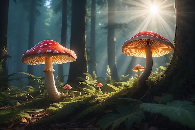 Cogumelo mágico na floresta raio de sol gerador ai