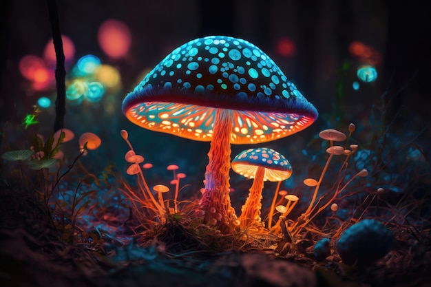 Cogumelo mágico no fundo colorido da floresta