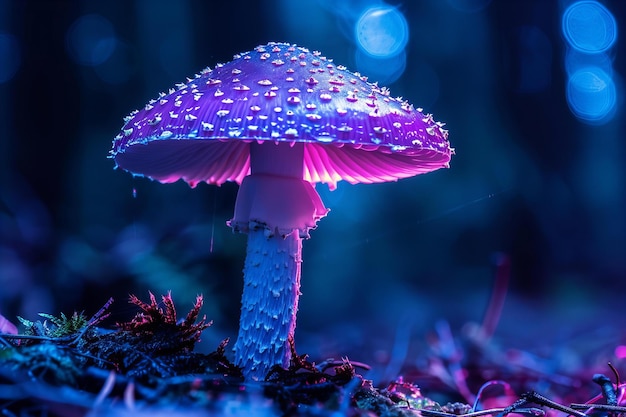 Cogumelo roxo encantado iluminado em uma floresta misteriosa