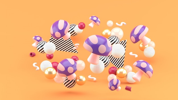 Cogumelo roxo entre bolas coloridas na laranja. Renderização em 3d.