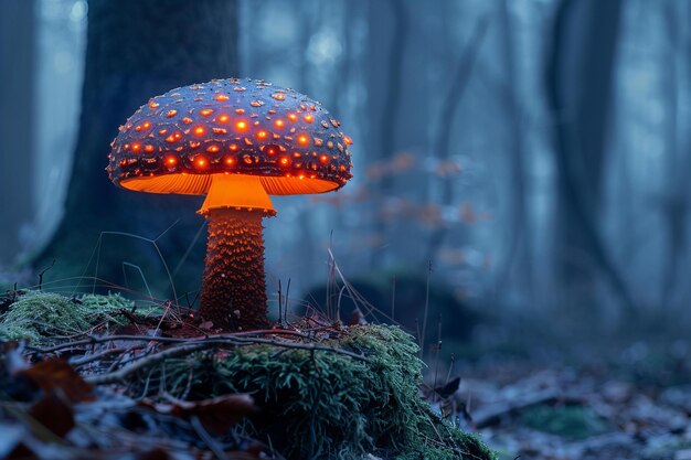 Cogumelo Vermelho Iluminado na Floresta Misteriosa ao Crepúsculo