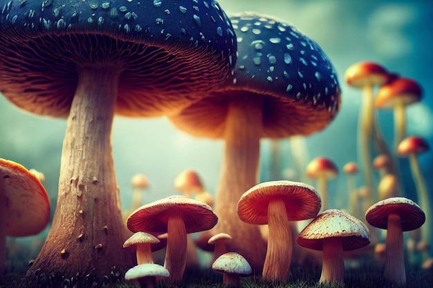 Cogumelos alucinógenos contendo psilocibina na ilustração 3D da floresta mágica