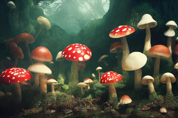 Cogumelos alucinógenos contendo psilocibina na ilustração 3D da floresta mágica