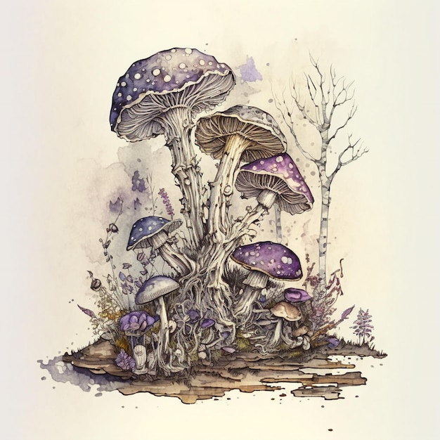 Cogumelos Aquarela Roxos
