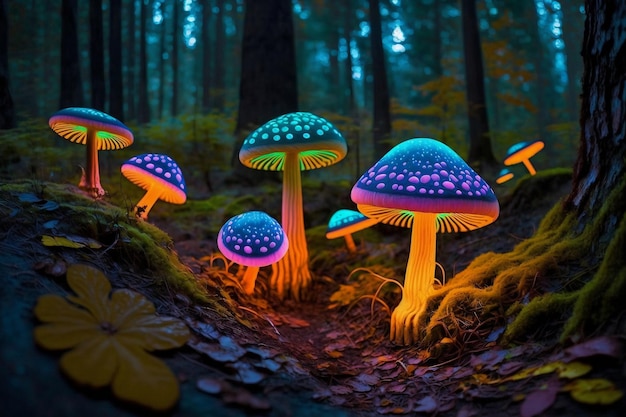 Cogumelos bioluminescentes vibrantes na floresta generativa Ai