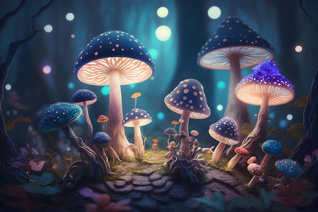 Cogumelos brilhantes mágicos aproximados na floresta mística Fundo de conto de fadas IA gerada
