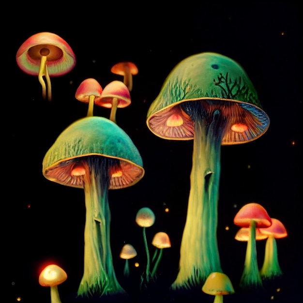 Cogumelos brilhantes no escuro.