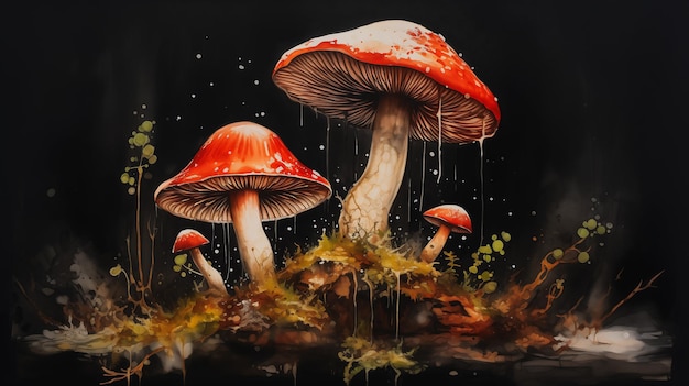 cogumelos cápsula vermelha spray maconha molhada ambiente fofo imagens brilhantes tinta sob tinta veneno branco