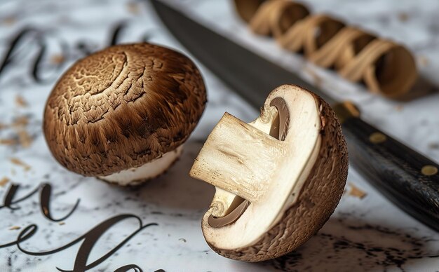 Cogumelos castanhos recém-cortados com uma faca em uma elegante superfície de mármore ideal para criações culinárias