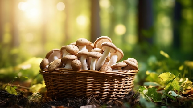 Cogumelos Champignon em uma cesta de madeira em um fundo desfocado da floresta de outono IA generativa