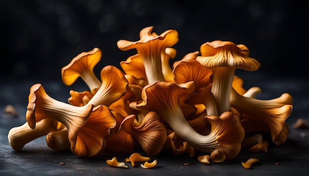 cogumelos chanterelle crus em fundo escuro